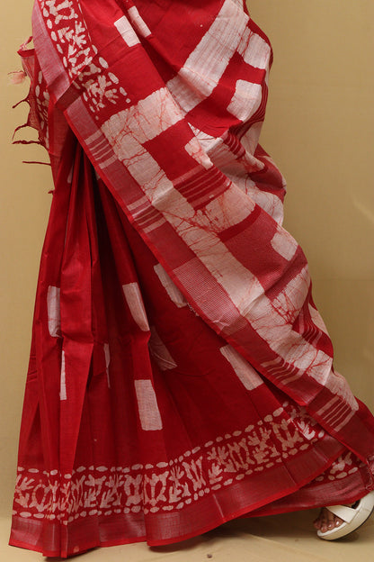 Stunning Red Bhagalpur Linen Saree - Elegant and Timeless - Luxurion World