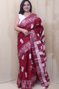 Stunning Maroon Linen Saree - Elegant Bhagalpur Design - Luxurion World