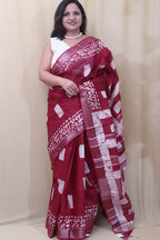 Stunning Maroon Linen Saree - Elegant Bhagalpur Design - Luxurion World