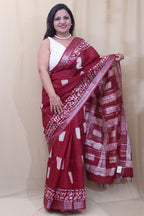 Stunning Maroon Linen Saree - Elegant Bhagalpur Design - Luxurion World