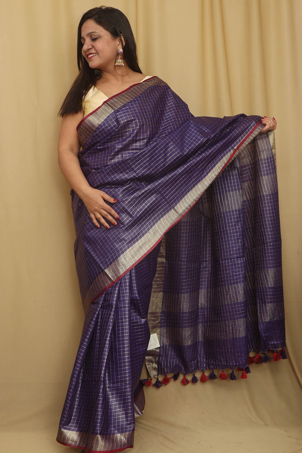 Soft and Elegant Purple Bhagalpur Linen Cotton Checks Design Saree - Luxurion World