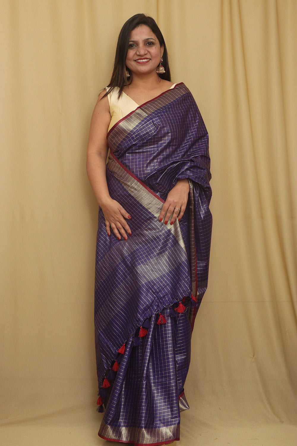Soft and Elegant Purple Bhagalpur Linen Cotton Checks Design Saree - Luxurion World