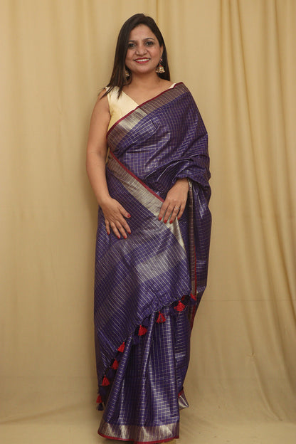 Soft and Elegant Purple Bhagalpur Linen Cotton Checks Design Saree - Luxurion World