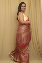 Soft and Elegant Brown Bhagalpur Linen Cotton Checks Design Saree - Luxurion World