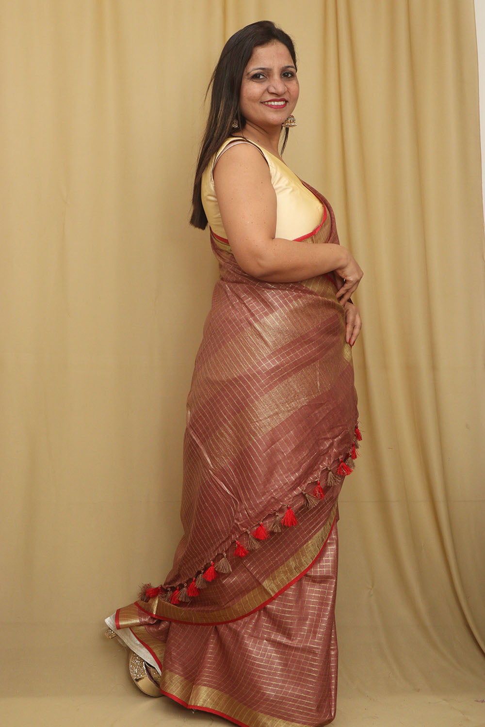 Soft and Elegant Brown Bhagalpur Linen Cotton Checks Design Saree - Luxurion World