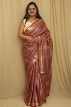 Soft and Elegant Brown Bhagalpur Linen Cotton Checks Design Saree - Luxurion World