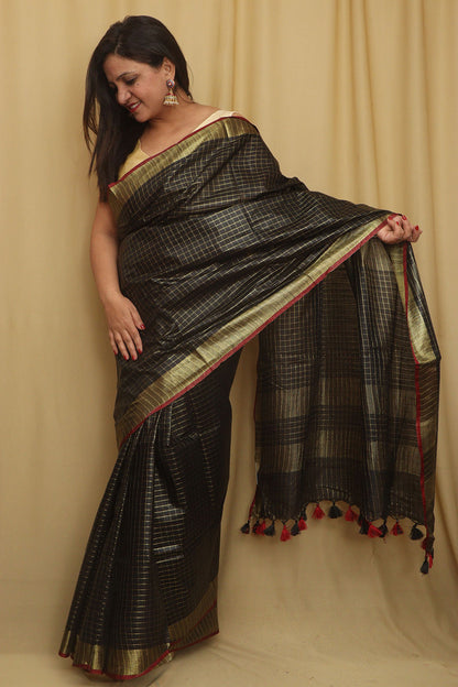 Soft and Elegant Black Bhagalpur Linen Cotton Checks Design Saree - Luxurion World