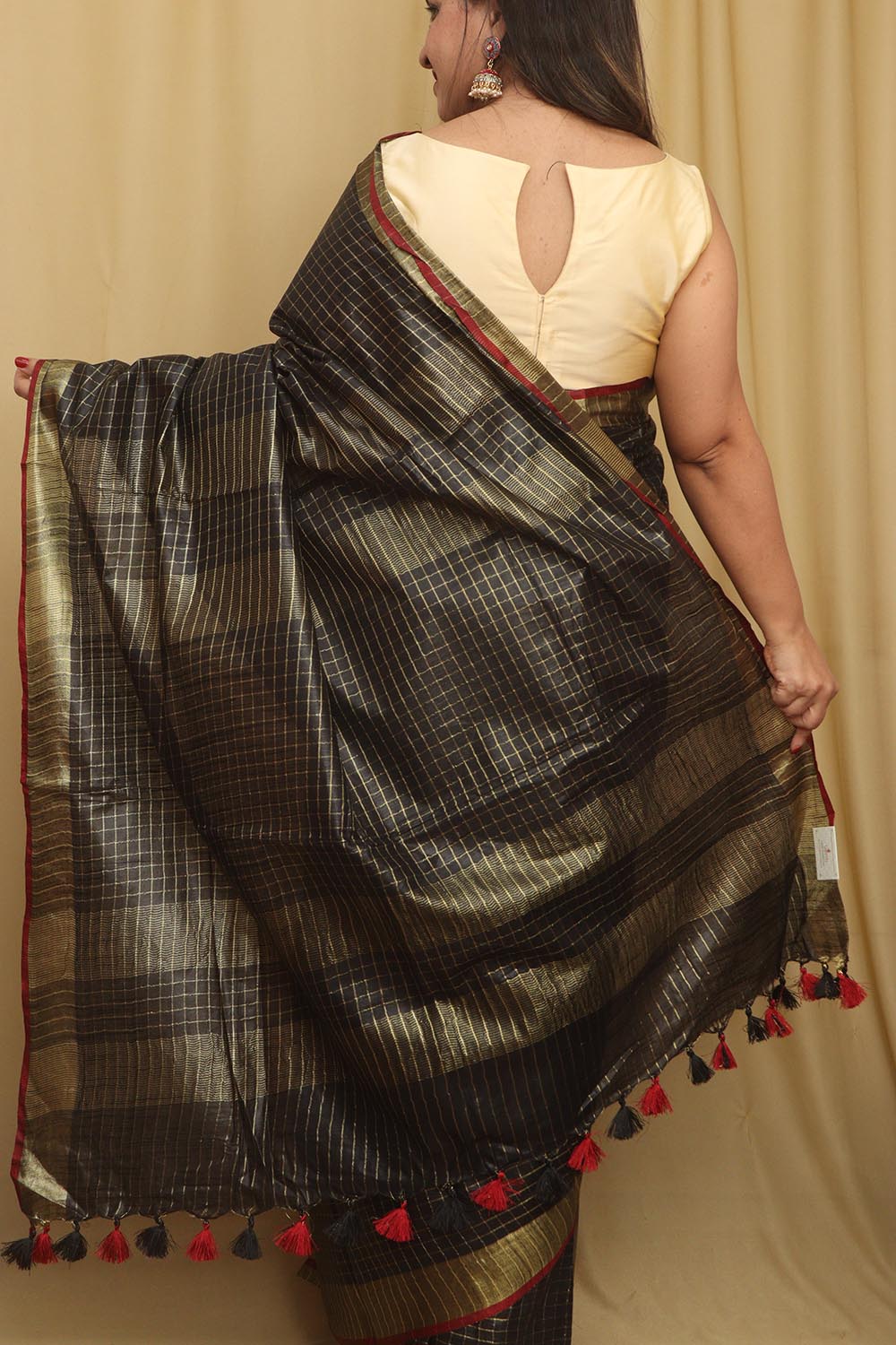 Soft and Elegant Black Bhagalpur Linen Cotton Checks Design Saree - Luxurion World