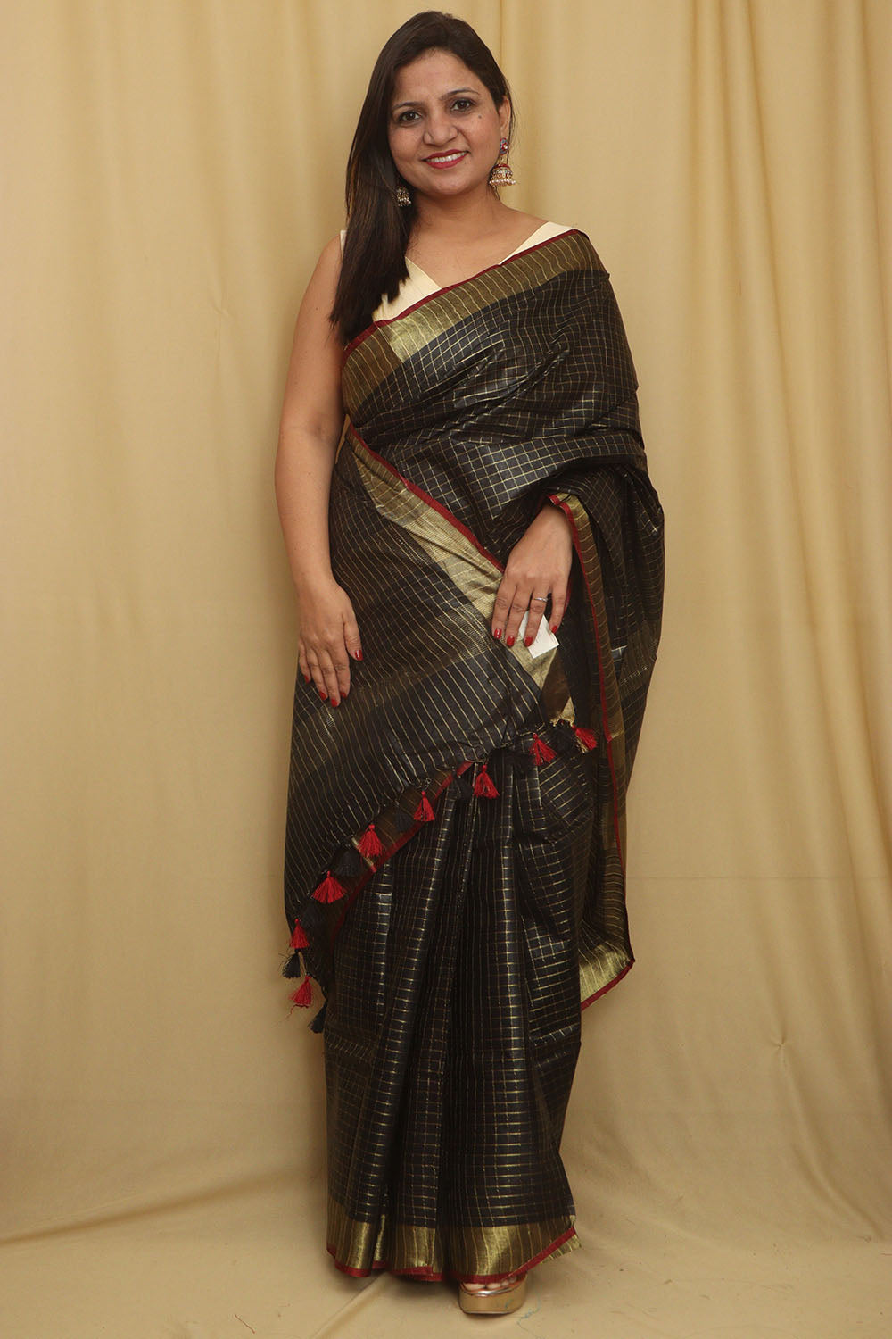 Soft and Elegant Black Bhagalpur Linen Cotton Checks Design Saree - Luxurion World