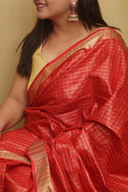 Soft and Elegant Red Bhagalpur Linen Cotton Checks Design Saree - Luxurion World