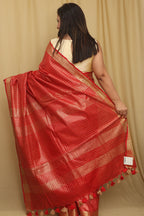 Soft and Elegant Red Bhagalpur Linen Cotton Checks Design Saree - Luxurion World
