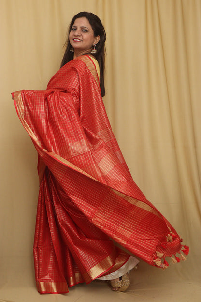 Soft and Elegant Red Bhagalpur Linen Cotton Checks Design Saree - Luxurion World