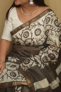 Stunning Olive Green Bhagalpur Chanderi Silk Batik Printed Saree - Luxurion World