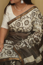 Stunning Olive Green Bhagalpur Chanderi Silk Batik Printed Saree - Luxurion World