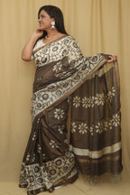 Stunning Olive Green Bhagalpur Chanderi Silk Batik Printed Saree - Luxurion World