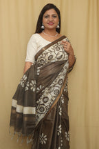 Stunning Olive Green Bhagalpur Chanderi Silk Batik Printed Saree - Luxurion World