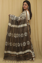 Stunning Olive Green Bhagalpur Chanderi Silk Batik Printed Saree - Luxurion World