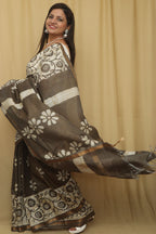 Stunning Olive Green Bhagalpur Chanderi Silk Batik Printed Saree - Luxurion World