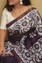 Elegant Purple Bhagalpur Chanderi Silk Batik Printed Saree - Luxurion World