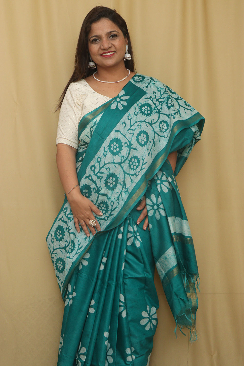 Elegant Green Bhagalpur Chanderi Silk Batik Printed Saree - Luxurion World