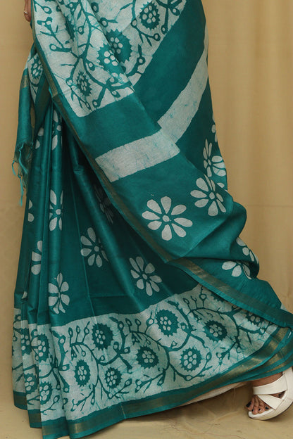 Elegant Green Bhagalpur Chanderi Silk Batik Printed Saree - Luxurion World