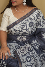 Elegant Grey Bhagalpur Chanderi Silk Batik Printed Saree - Luxurion World