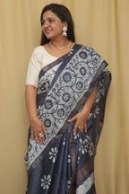 Elegant Grey Bhagalpur Chanderi Silk Batik Printed Saree - Luxurion World