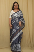 Elegant Grey Bhagalpur Chanderi Silk Batik Printed Saree - Luxurion World