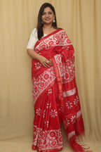 Exquisite Red Bhagalpur Chanderi Silk Batik Printed Saree - Luxurion World