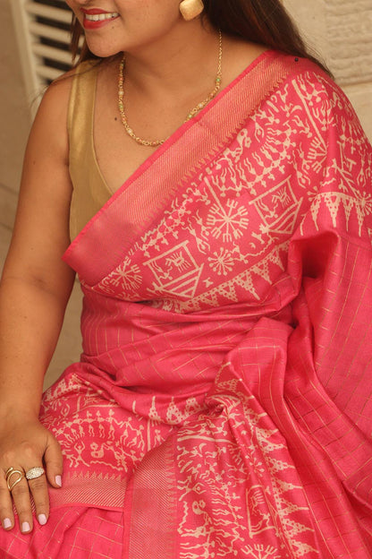 Beautiful Pink Bhagalpur Kota Mangalgiri Silk Discharge Print Design Saree - Luxurion World