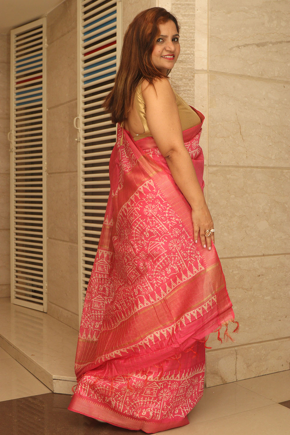 Beautiful Pink Bhagalpur Kota Mangalgiri Silk Discharge Print Design Saree - Luxurion World