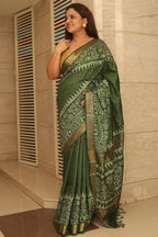 Stunning Green Bhagalpur Kota Mangalgiri Silk Discharge Print Design Saree - Luxurion World