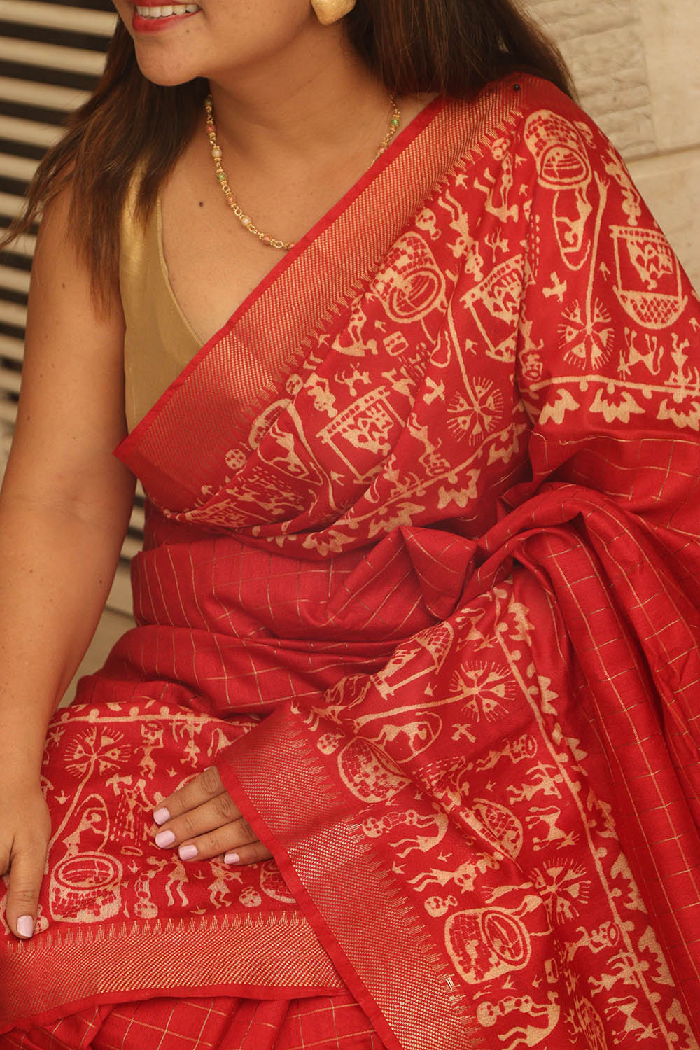 Stunning Red Bhagalpur Kota Mangalgiri Silk Discharge Print Design Saree - Luxurion World