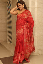 Stunning Red Bhagalpur Kota Mangalgiri Silk Discharge Print Design Saree - Luxurion World