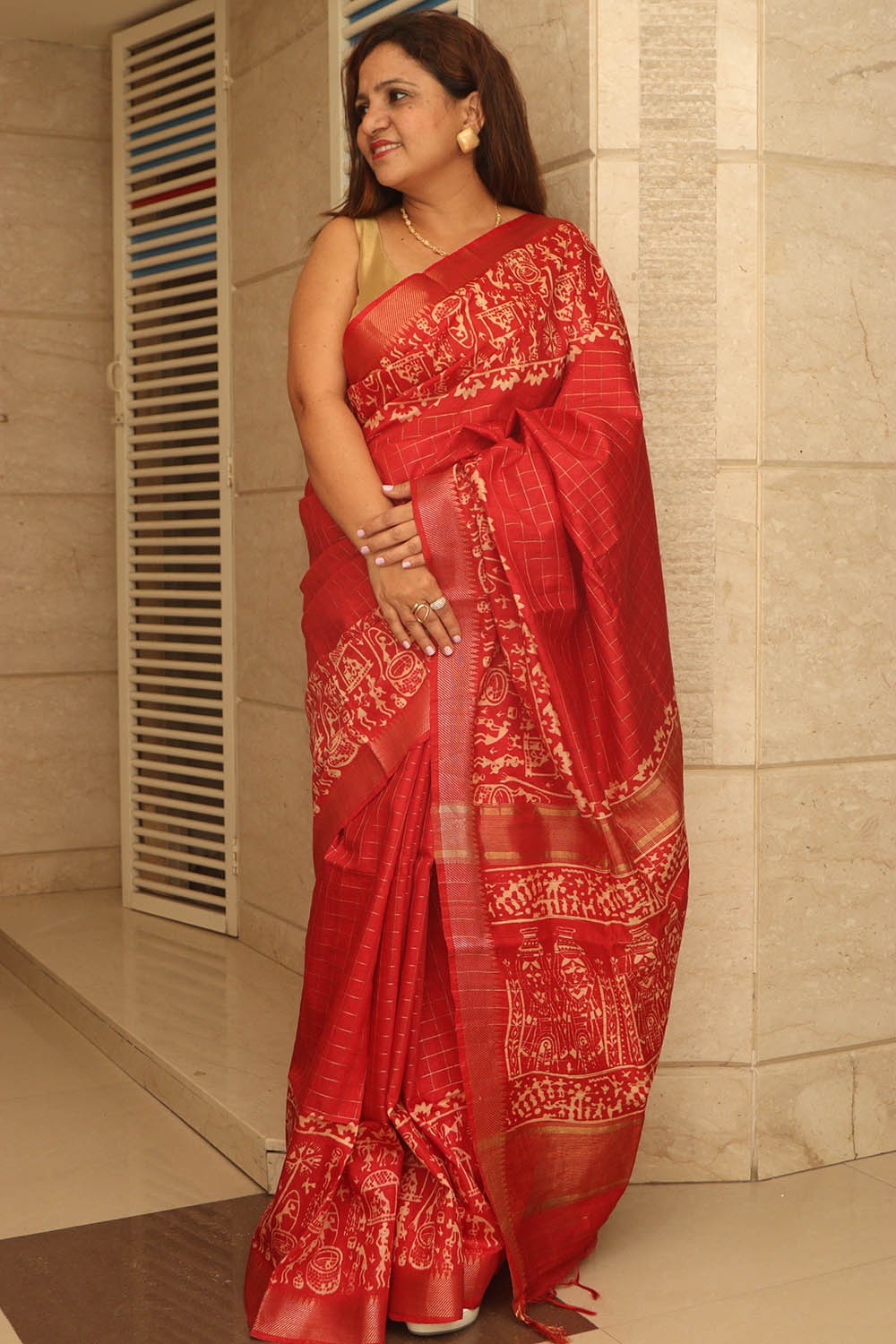 Stunning Red Bhagalpur Kota Mangalgiri Silk Discharge Print Design Saree - Luxurion World