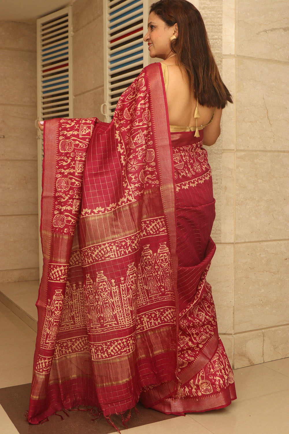 Stunning Pink Purple Bhagalpur Kota Mangalgiri Silk Discharge Print Design Saree - Luxurion World