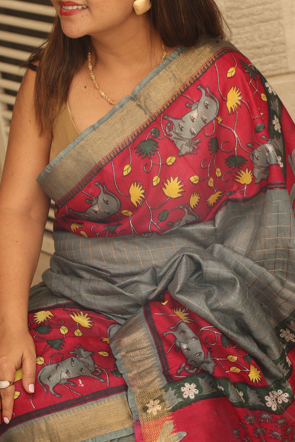 Elegant Grey Bhagalpur Kota Mangalgiri Silk Kalamkari Print Design Saree - Luxurion World