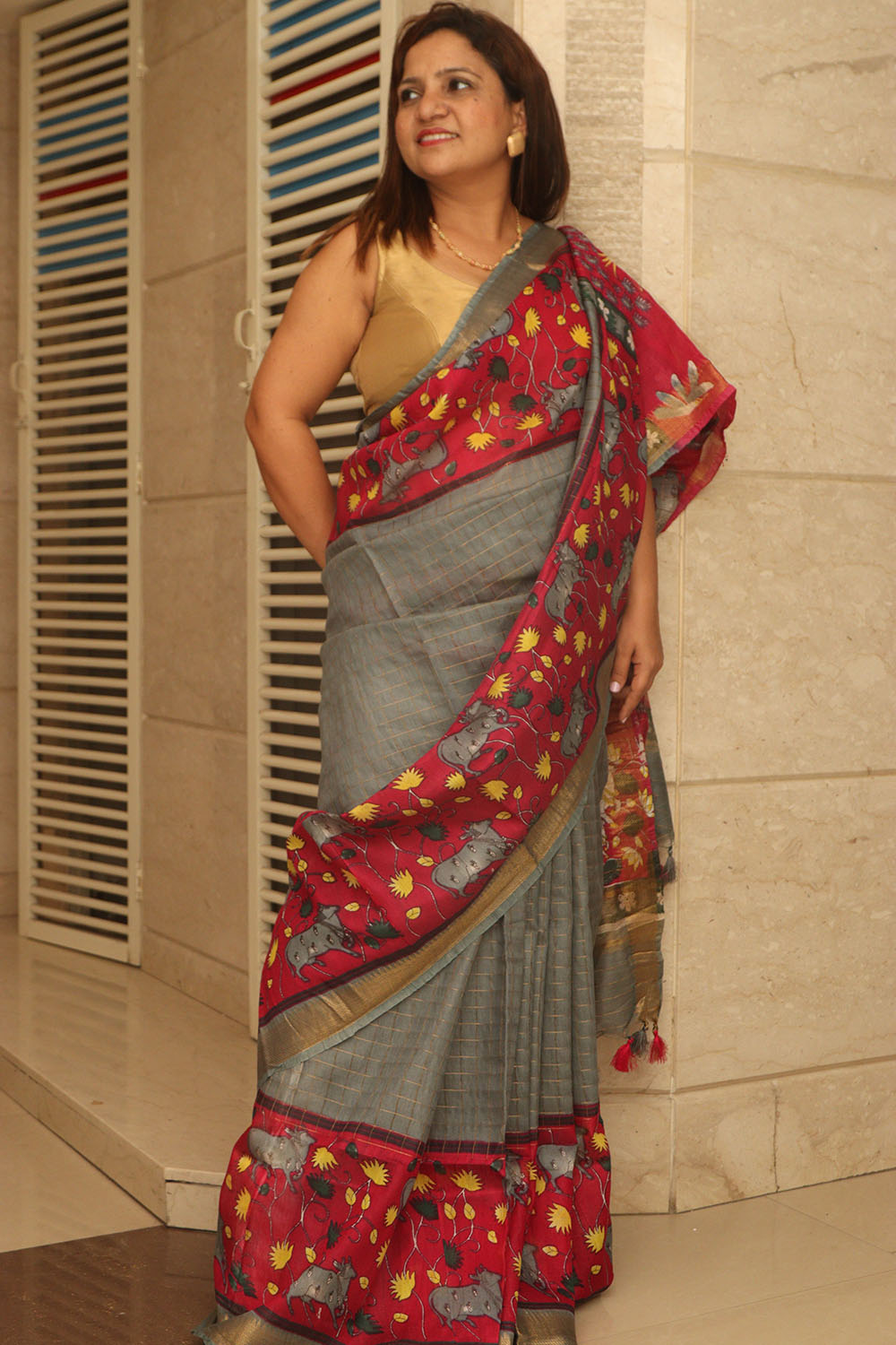 Elegant Grey Bhagalpur Kota Mangalgiri Silk Kalamkari Print Design Saree - Luxurion World