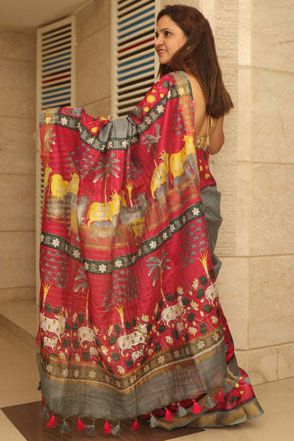 Elegant Grey Bhagalpur Kota Mangalgiri Silk Kalamkari Print Design Saree - Luxurion World