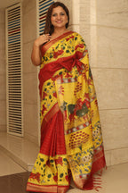 Yellow Bhagalpur Kota Mangalgiri Silk Kalamkari Print Design Saree - Luxurion World