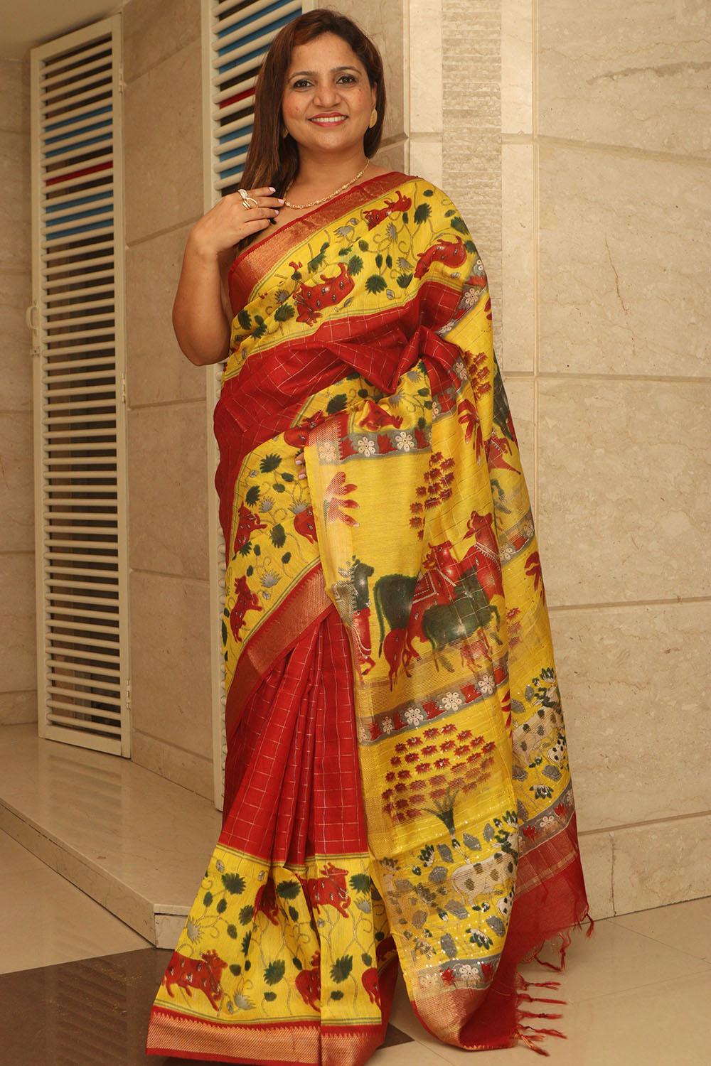 Yellow Bhagalpur Kota Mangalgiri Silk Kalamkari Print Design Saree - Luxurion World