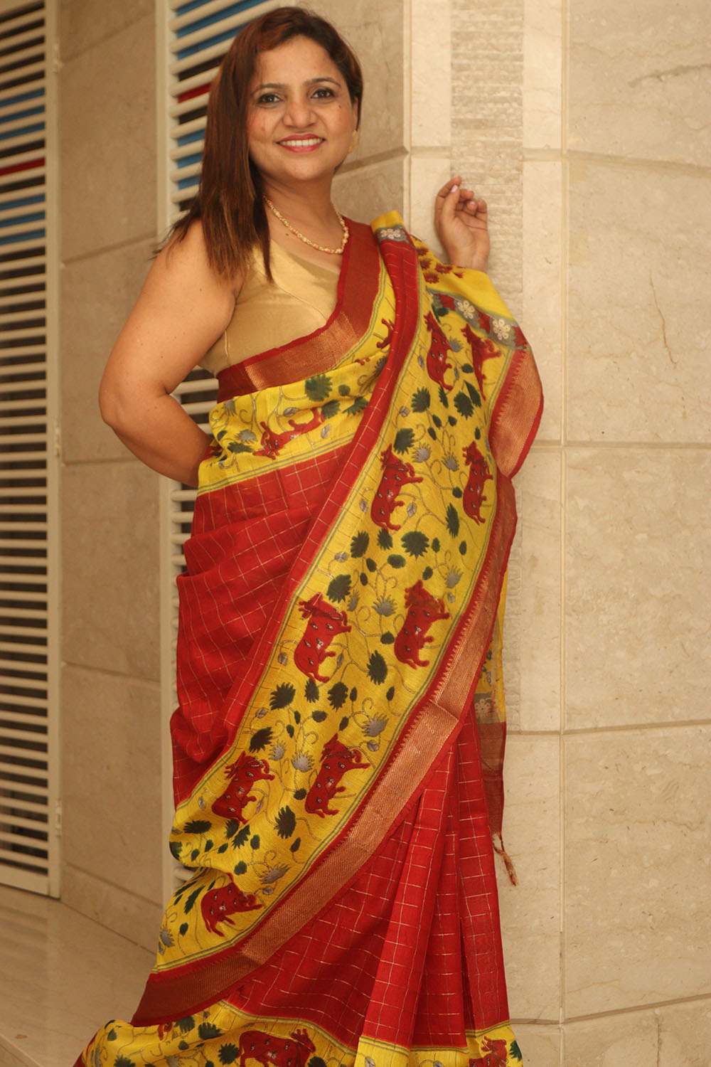 Yellow Bhagalpur Kota Mangalgiri Silk Kalamkari Print Design Saree - Luxurion World