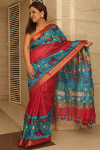 Elegant Blue Bhagalpur Kota Mangalgiri Silk Kalamkari Print Design Saree - Luxurion World