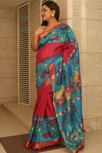 Elegant Blue Bhagalpur Kota Mangalgiri Silk Kalamkari Print Design Saree - Luxurion World