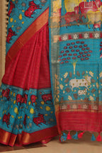 Elegant Blue Bhagalpur Kota Mangalgiri Silk Kalamkari Print Design Saree - Luxurion World