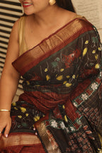 Elegant Black Bhagalpur Kota Mangalgiri Silk Kalamkari Print Design Saree - Luxurion World