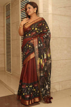 Elegant Black Bhagalpur Kota Mangalgiri Silk Kalamkari Print Design Saree - Luxurion World