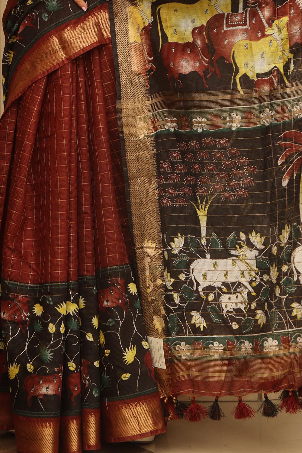 Elegant Black Bhagalpur Kota Mangalgiri Silk Kalamkari Print Design Saree - Luxurion World
