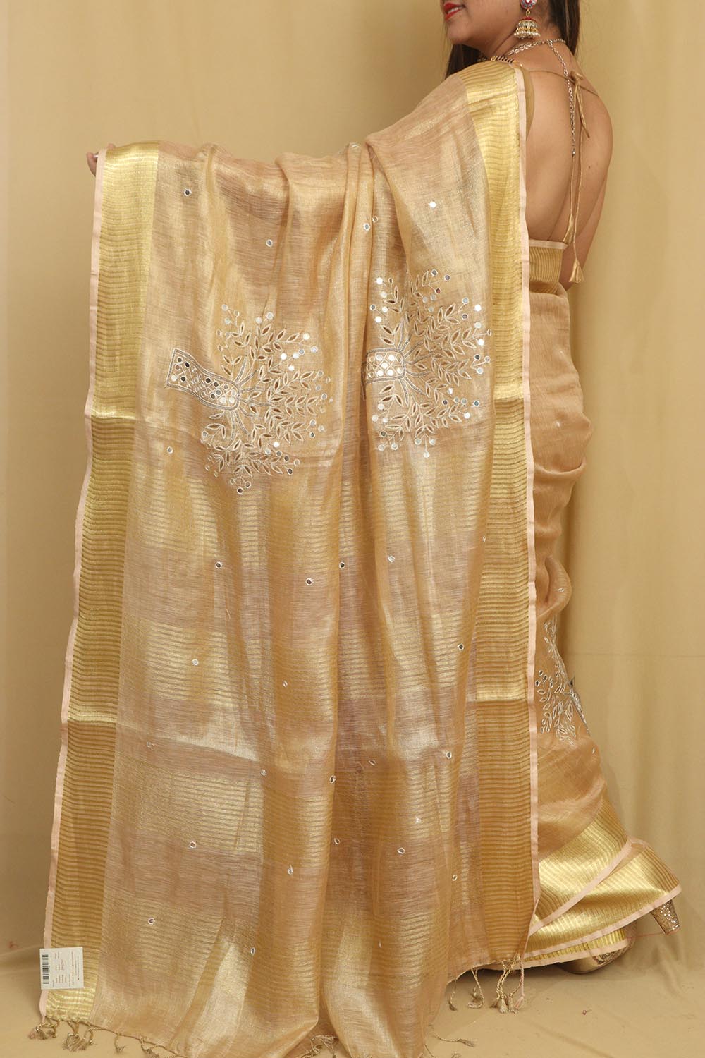 Exquisite Golden Hand Embroidered Linen Tissue Cutwork Saree - Luxurion World