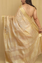 Exquisite Golden Hand Embroidered Linen Tissue Cutwork Saree - Luxurion World
